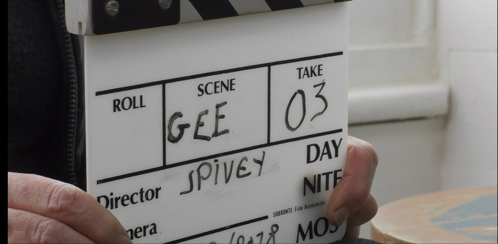 Clapper board pictured during the filming of the sequences with Gee Vaucher at Dial House whilst filming The Sound of Free Speech